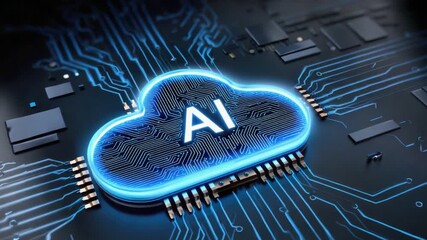 A futuristic image showcasing a glowing artificial intelligence cloud symbol on a circuit board. This design represents the advancement and integration of AI in technology.