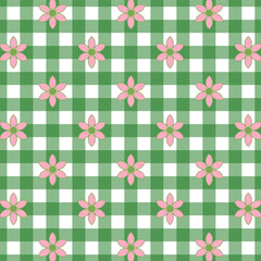 Wall Mural - Seamless floral pattern.Gingham seamless pattern with flowers.Christmas plaid repeat pattern in green and pink.Vector illustration geometric background for fabric and prints.Spring, floral wallpaper.