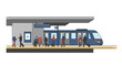 © Ophelia - Flat style city train station with commuters and modern design elements