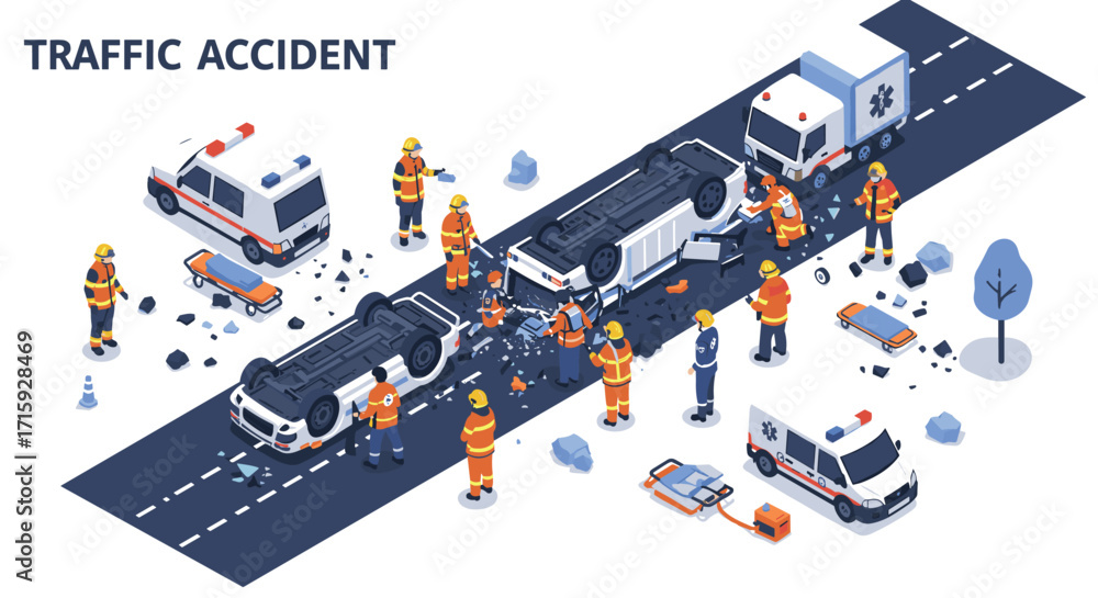 Emergency response scene with ambulance and firefighters at car accide ...