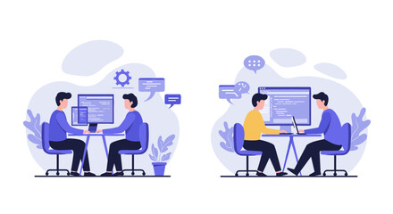 Flat design colleagues collaborate and code in office workspace illustration