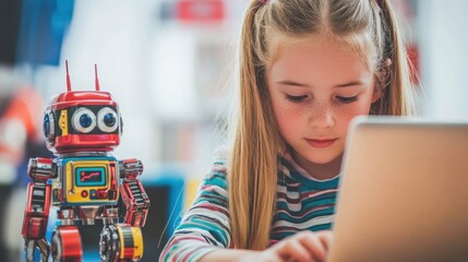 Young girl coding on laptop with robot toy beside her, bright daylight, STEM classroom background.