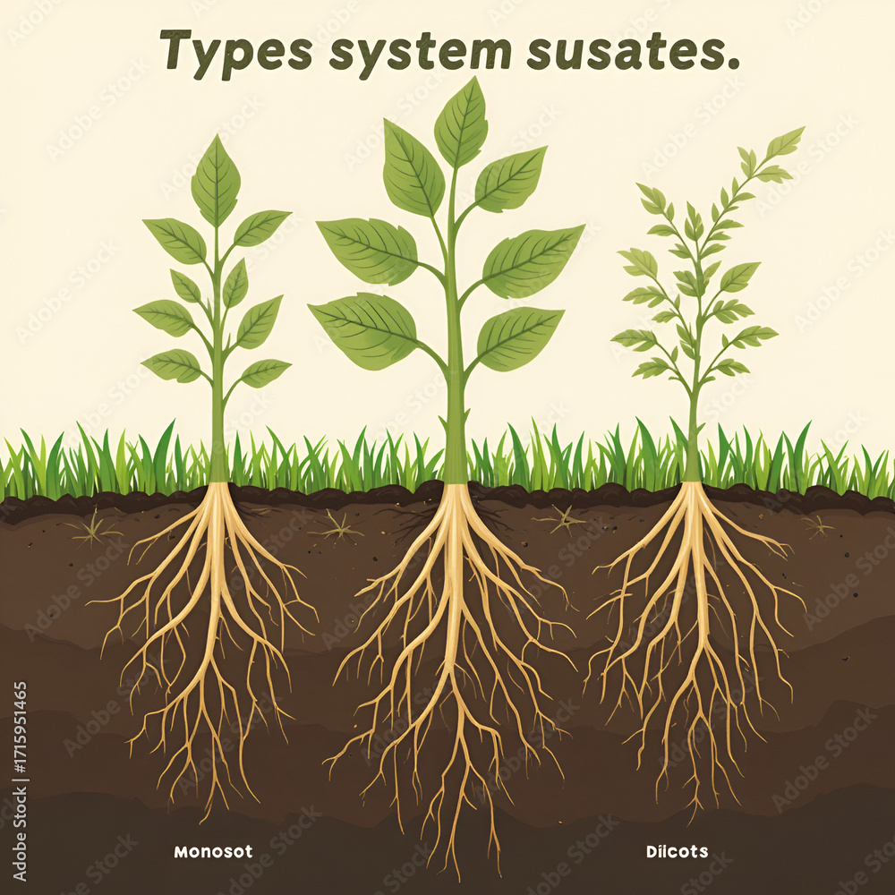 Types of root systems of plants, monosots and dicots in the soil in cut ...