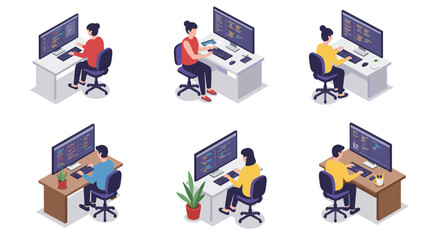 Isometric office workers coding at desks with computers and monitors