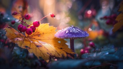 Wall Mural - Close-up of a purple mushroom surrounded by colorful autumn leaves and red berries, capturing the essence of fall. Perfect for nature, seasonal, or botanical themes.