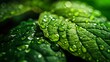 © nabisha - Close-up of fresh green leaves covered in glistening water droplets after rain or dew