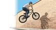 © Mikael - Illustrative BMX rider mid-air trick against brick wall under blue sky
