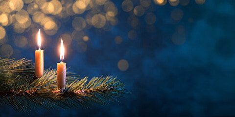 Wall Mural - A beautiful, bright, festive Christmas abstract blue background with lit candles and a bokeh effect. Shining and sparkling, vibrant. Horizontal banner, copy space