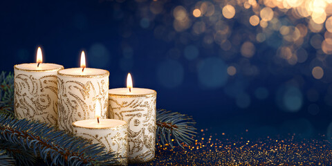 Wall Mural - A beautiful, bright, festive Christmas abstract blue background with lit candles and a bokeh effect. Shining and sparkling, vibrant. Horizontal banner, copy space