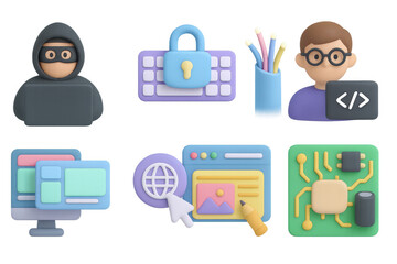 Colorful 3d technology icons featuring hacker, coding, and cybersecurity elements