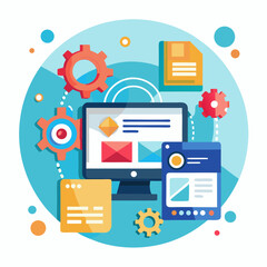 Digital technology concept with computer screen and gears