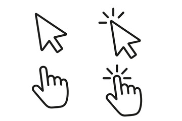 Cursor click icon set. Hand and arrow pointer collection. Press and select symbols. Web interface element for website. UI and UX design graphic. Computer mouse vector icon.