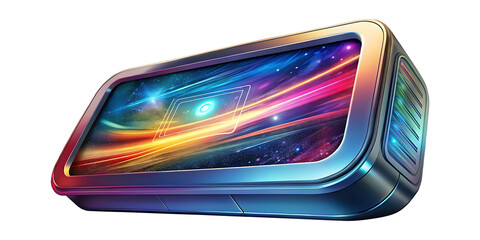 Futuristic display screen featuring colorful space nebula art and modern aesthetic design