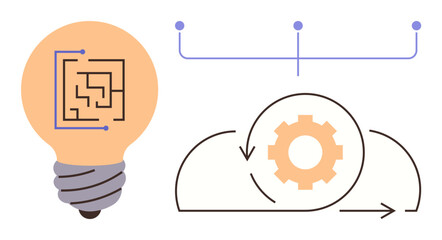 Lightbulb with circuit design, cloud with gear and arrows, structure-connected dots. Ideal for innovation, technology, process, workflow, development automation creativity. Simple flat metaphor