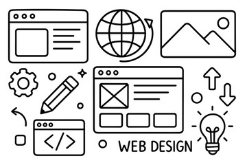 Web design doodle concept. Hand-drawn vector illustration set of website development icons. UI/UX interface, coding, programming, and creative process line art elements.