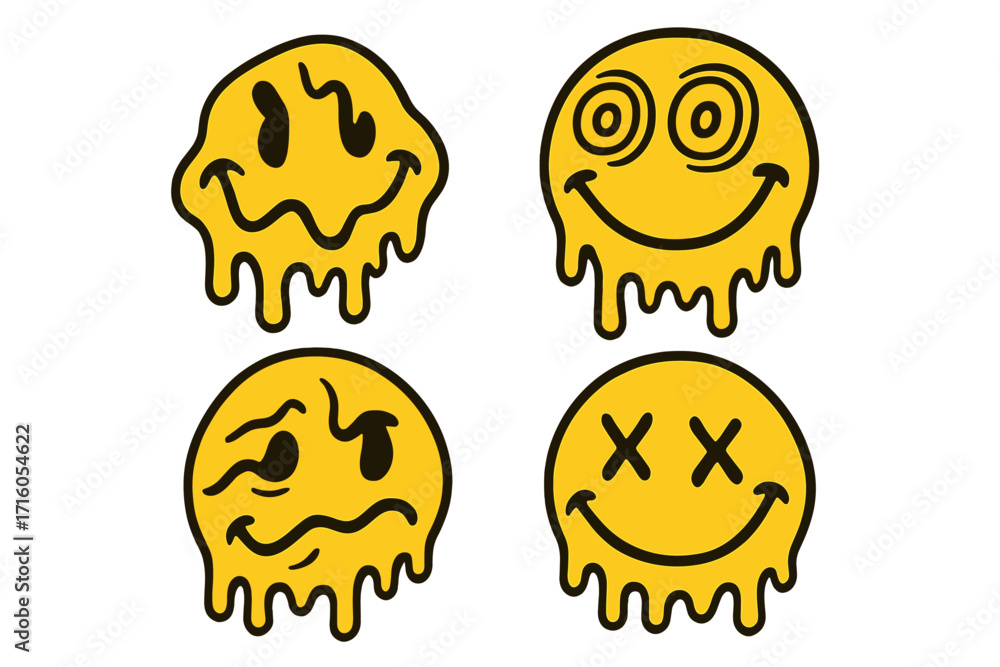 Distorted Smiley Set of distorted emoji faces. Retro trippy characters. Dripping smiley ...