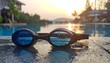 © Riris - Goggles on pool edge reflect water, sunset, and distant landscape. Water droplets glisten. Focus is on the goggles