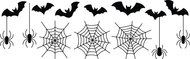 Creepy Halloween banner border with black silhouettes of hanging spiders, spiderwebs, and flying bats, perfect for a spooky party invitation, flyer, or website design.
