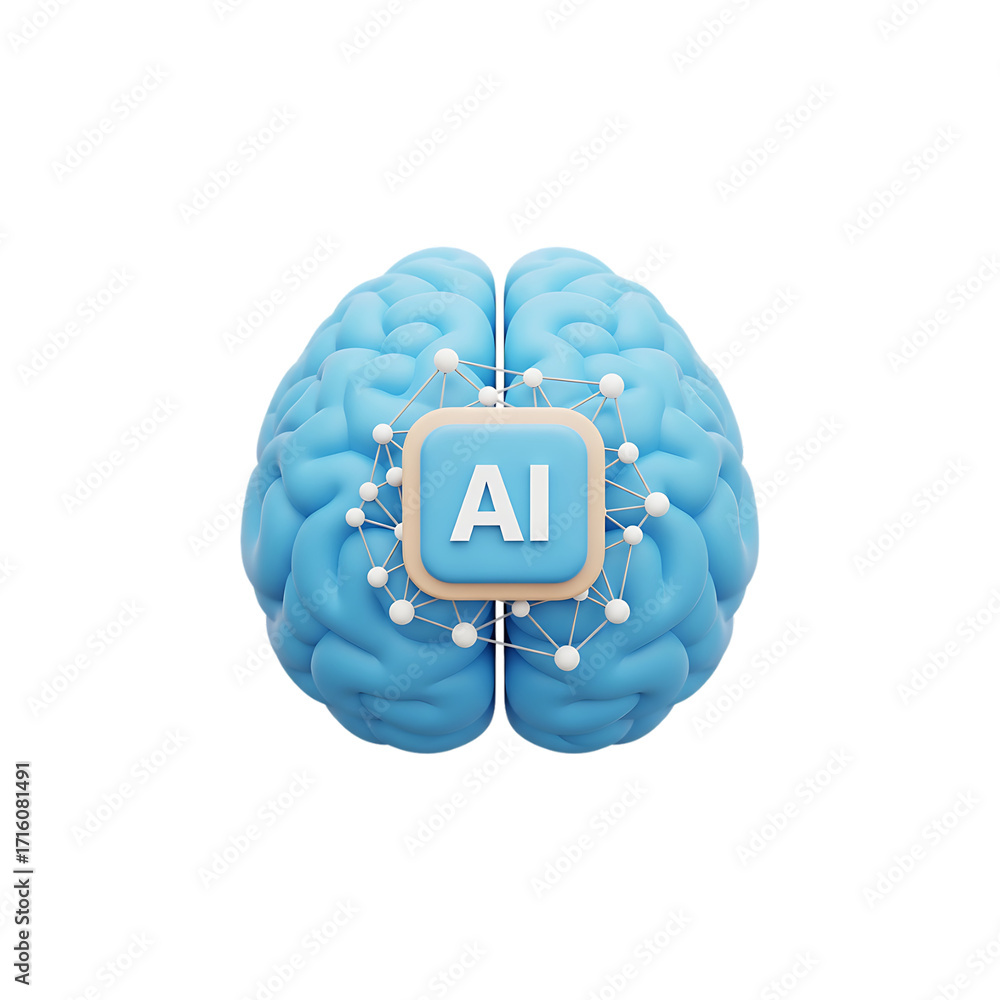 AI integrated into a human brain 3D model showing neural network ...