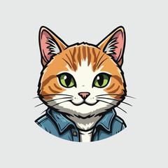  Cartoon cat with green eyes wearing a denim jacket against a light gray background