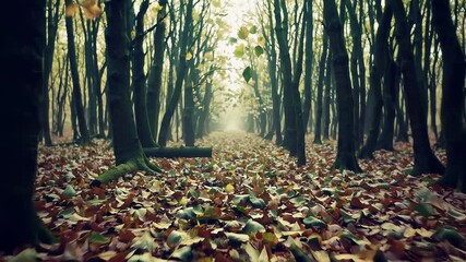 Wall Mural - eerie journey through a dense fog shrouded forest in the fall, where vibrant leaves cascade to the f