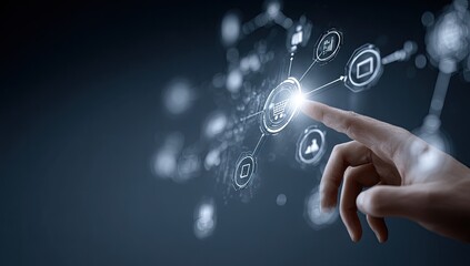 Digital network connection with hand touching glowing interface icons.