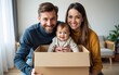 © Thomas - New home, box and parents with child in new house, property mortgage and real estate investment. High quality