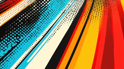 Abstract dynamic background with vibrant stripes, halftone dots, and paint splashes.