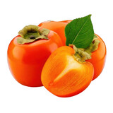 persimmon fruits with leaf isolated on white or transparent.