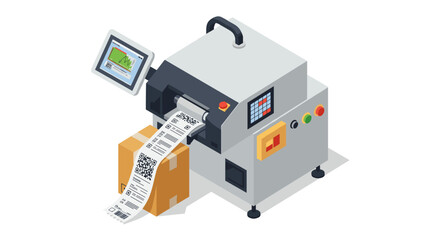 Automated label printing machine for shipping and packaging efficiency vector illustration isometric