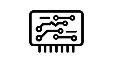 A simple, outlined, black circuit board graphic, showcasing connections and components