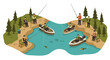 © Santiago - Isometric fishing scene with people and boats on a tranquil lake