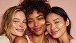© hakule - In a vibrant setting, three women with diverse features share smiles while showcasing their natural makeup. Each has a unique style with minimalistic touches.