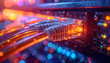 © Monmeo - Ethernet Connection Close-up: Captivating close-up shot of Ethernet cables plugged into a server, illuminating the complex web of data transmission, conveying a sense of digital dynamism.