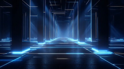 Futuristic corridor with glowing blue lights and reflective floor in a high-tech environment
