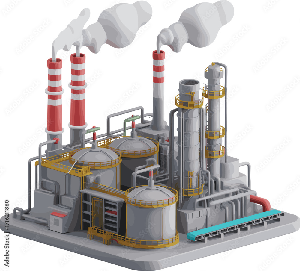 Industrial oil storage facility with tanks, pipelines, barrels, and ...
