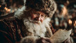 © Daniel - Beautiful gentle Victorian Santa Claus in North Pole winter indoors cozy Christmas tree background checking list in traditional coat hat white beard positive emotion Christmas card style, avatar