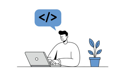 Young programmer coding on laptop at desk with plant for web development and design