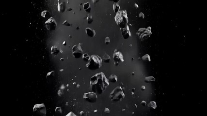 Falling Dark Gray Rocks Against Black Background In A Dramatic Atmospheric Scene With Particles
