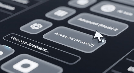 Digital Interface: A sleek, modern digital interface, focusing on 'message assistant' and 'advanced model-z', with a cursor hovering over a selection.