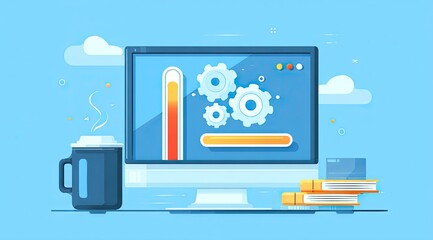Computer Monitor with Progress Bar and Gears Illustrates System Performance.