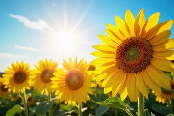 Wall Mural - Vibrant sunflowers bask in the warm glow of summer sunlight, their faces tilted towards the radiant rays  A breathtaking display of nature's beauty and the power of the sun ,  leaves,  growth,  sunny