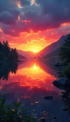 Wall Mural - Vibrant sunrise over a tranquil lake, reflecting healthy, peaceful vibes Perfect for wellness, mindfulness, and nature themes Ideal for websites, blogs, and social media , calm, mindfulness, nature