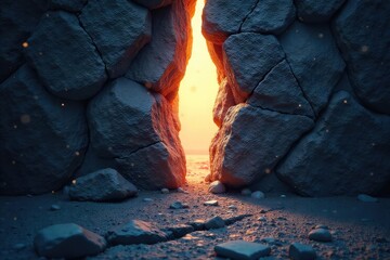 Wall Mural - A soft, ethereal glow emanates from a crack in a dark stone wall, symbolizing hope and spiritual awakening Perfect for meditation, mindfulness, and spiritual themes , inner peace, serenity