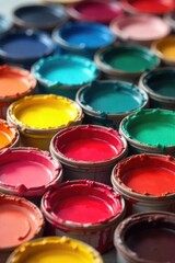 Wall Mural - a vibrant array of paint colors in various shades and hues, displayed in small sample pots, ready fo