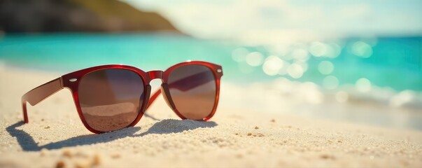 Wall Mural - Stylish sunglasses rest on a vibrant summer beach scene, reflecting the sun's rays Perfect for travel, vacation, and summer themes A carefree summer vibe , sunnies, getaway