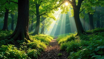 Wall Mural - sun-dappled forest floor, lush green undergrowth, ancient trees casting shadows perfect for nature, 