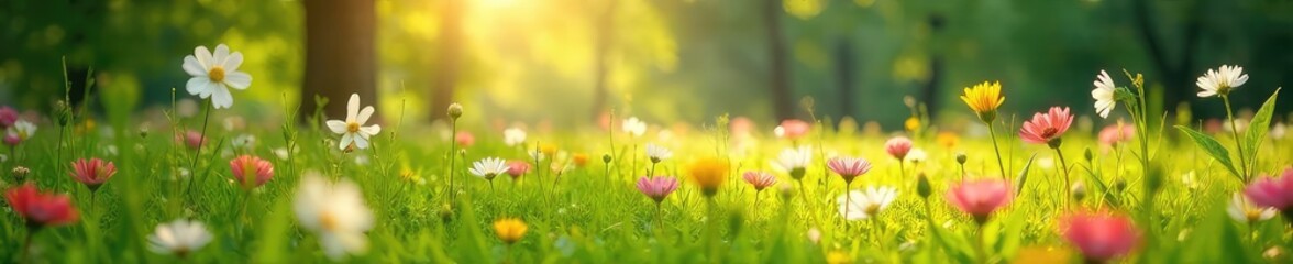 Wall Mural - Sunlight dapples through budding leaves onto a vibrant meadow bursting with wildflowers, signifying the carefree spirit of spring A gentle breeze rustles through the tall grass , joyful, delicate