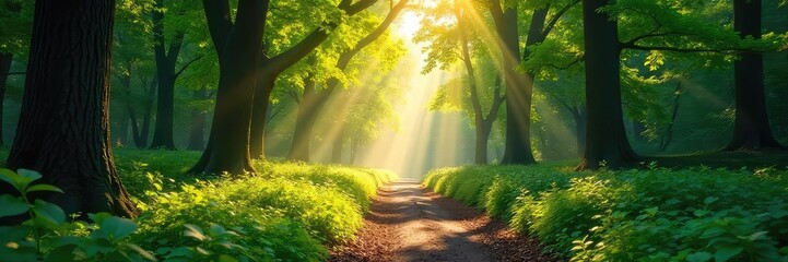 Wall Mural - sunlight dappling through the canopy of a lush forest parkway, creating a magical, vibrant atmospher
