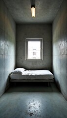 Wall Mural - a stark, minimalist bedroom cell with a single bed, a small window offering limited natural light, a